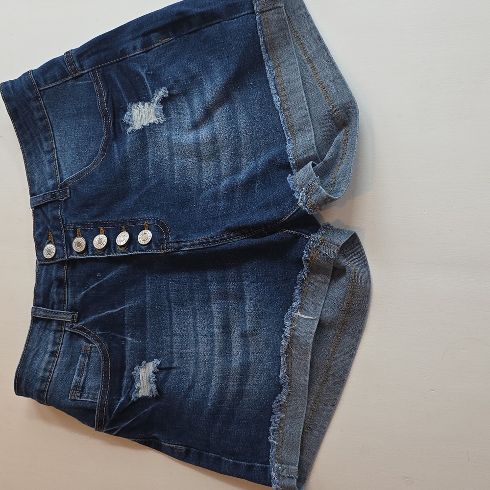 Mid Rise Ripped Dark Blue Jean Shorts - Picture 3 of 5